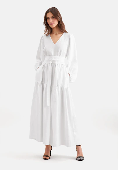 Stufenkleid mit V- Neck aus 100% Leinen in Weiß |  Seidensticker Onlineshop