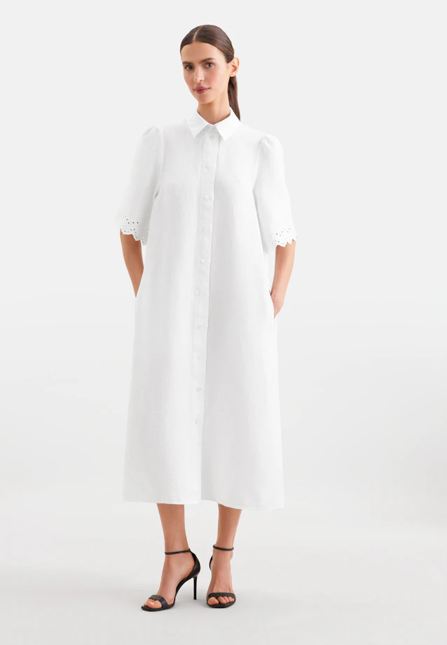 Hemdblusenkleid mit Stickerei und Taillengürtel aus 100% Leinen in Weiß |  Seidensticker Onlineshop