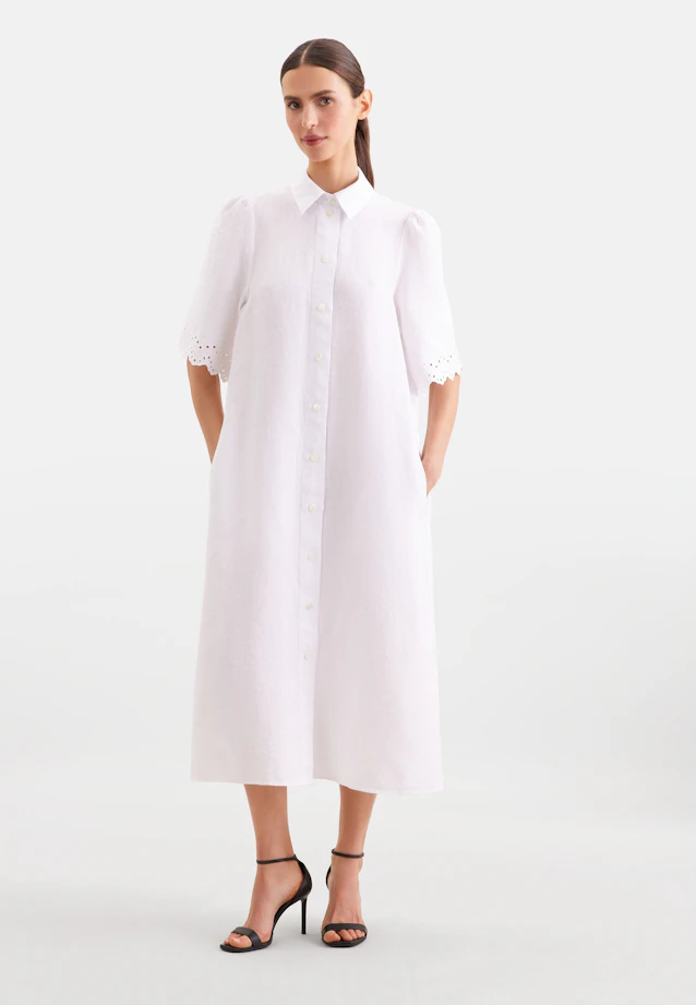 Hemdblusenkleid mit Stickerei und Taillengürtel aus 100% Leinen in Weiß |  Seidensticker Onlineshop