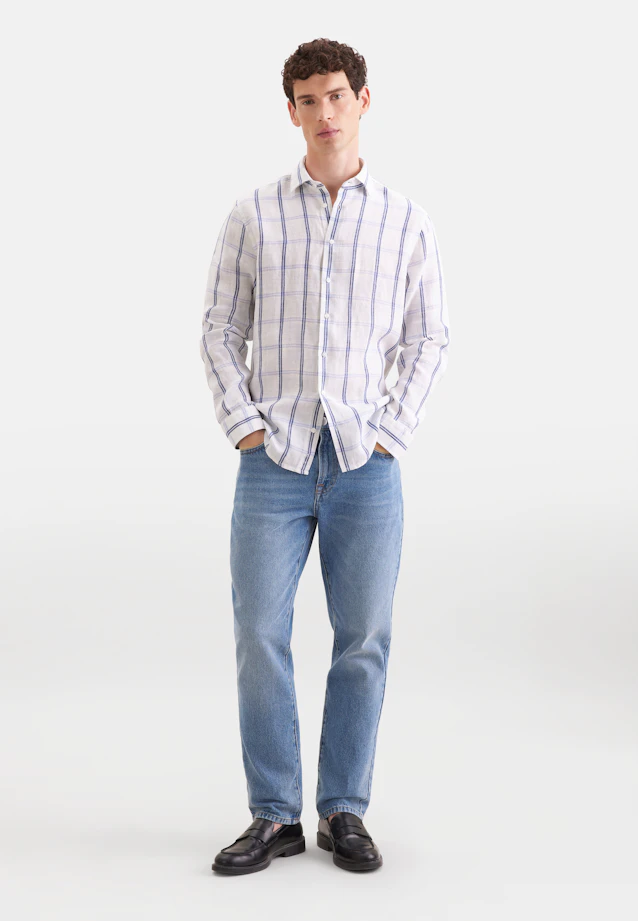 Shaped Linen shirt Check in Mittelblau |  Seidensticker Onlineshop