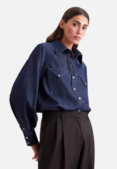 Denim Bluse mit Volumenärmeln und aufgesetzten Taschen in Dunkelblau |  Seidensticker Onlineshop