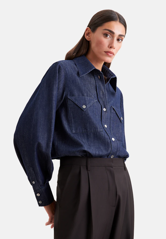 Denim Bluse mit Volumenärmeln und aufgesetzten Taschen in Dunkelblau | Seidensticker Onlineshop