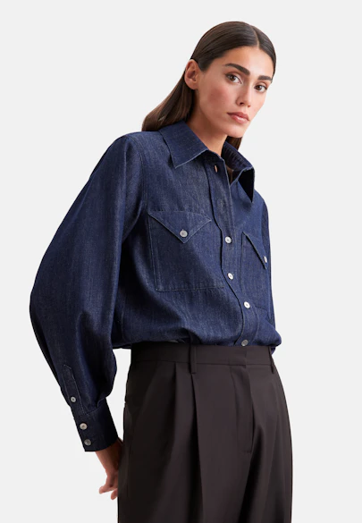 Denim Bluse mit Volumenärmeln und aufgesetzten Taschen in Dunkelblau |  Seidensticker Onlineshop