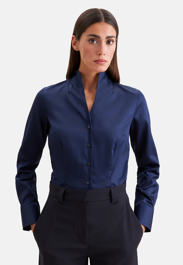 Kelchkragenbluse aus Baumwollsatin in Bleu Foncé |  Seidensticker Onlineshop