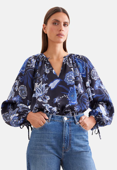 Satinierte Raglanbluse mit Schleifendetails in Schwarz |  Seidensticker Onlineshop