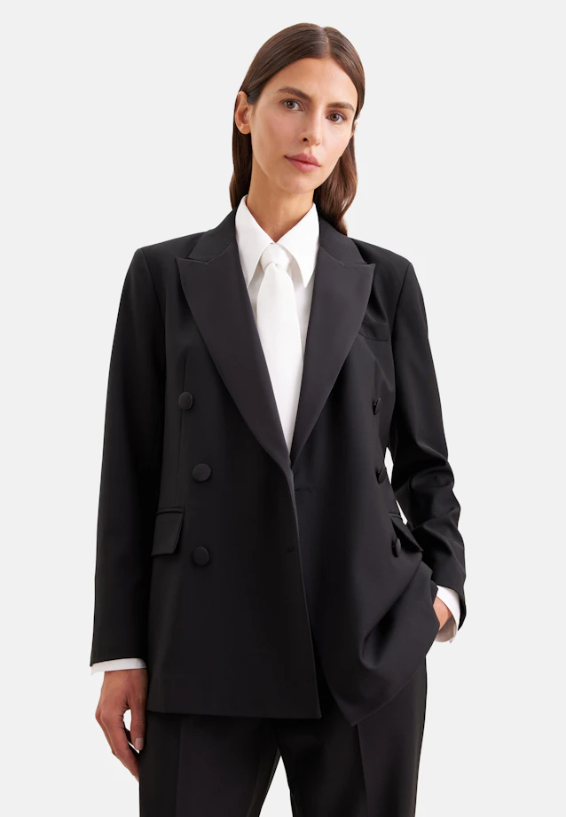 Zweireihiger Smokingblazer aus einer Wollmischung mit satinierten Details in Schwarz |  Seidensticker Onlineshop
