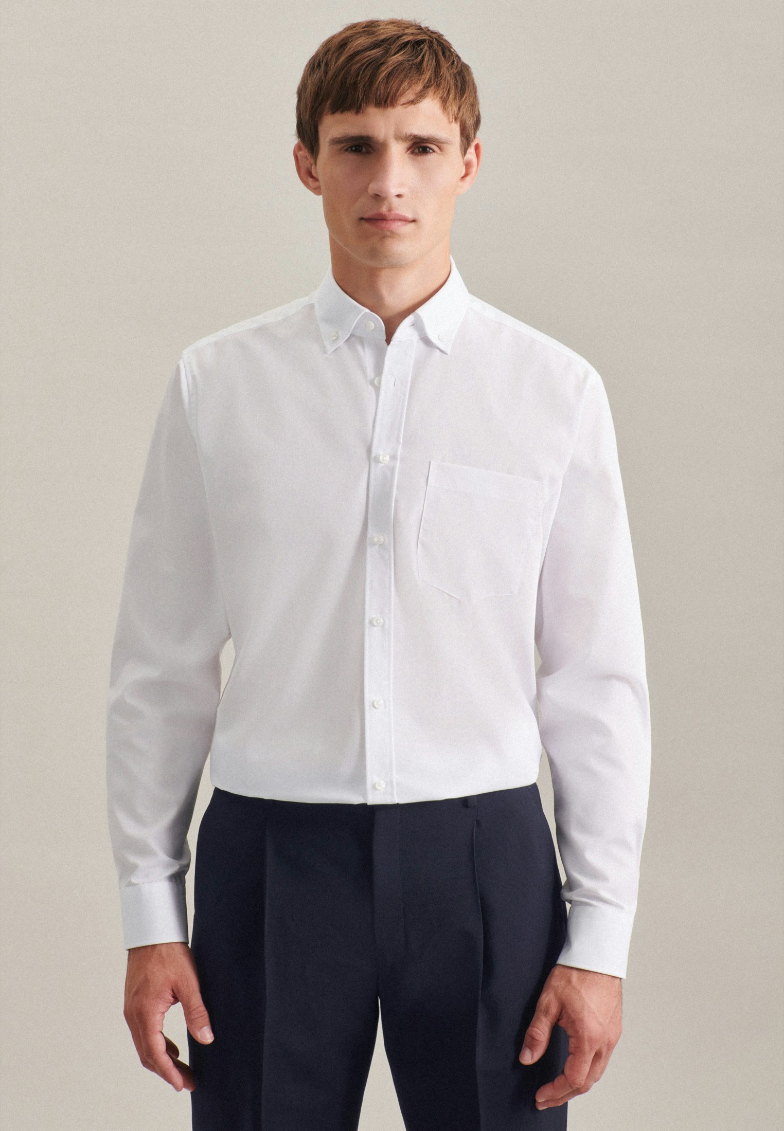 Non iron Popeline Business overhemd in Regular with Button Down