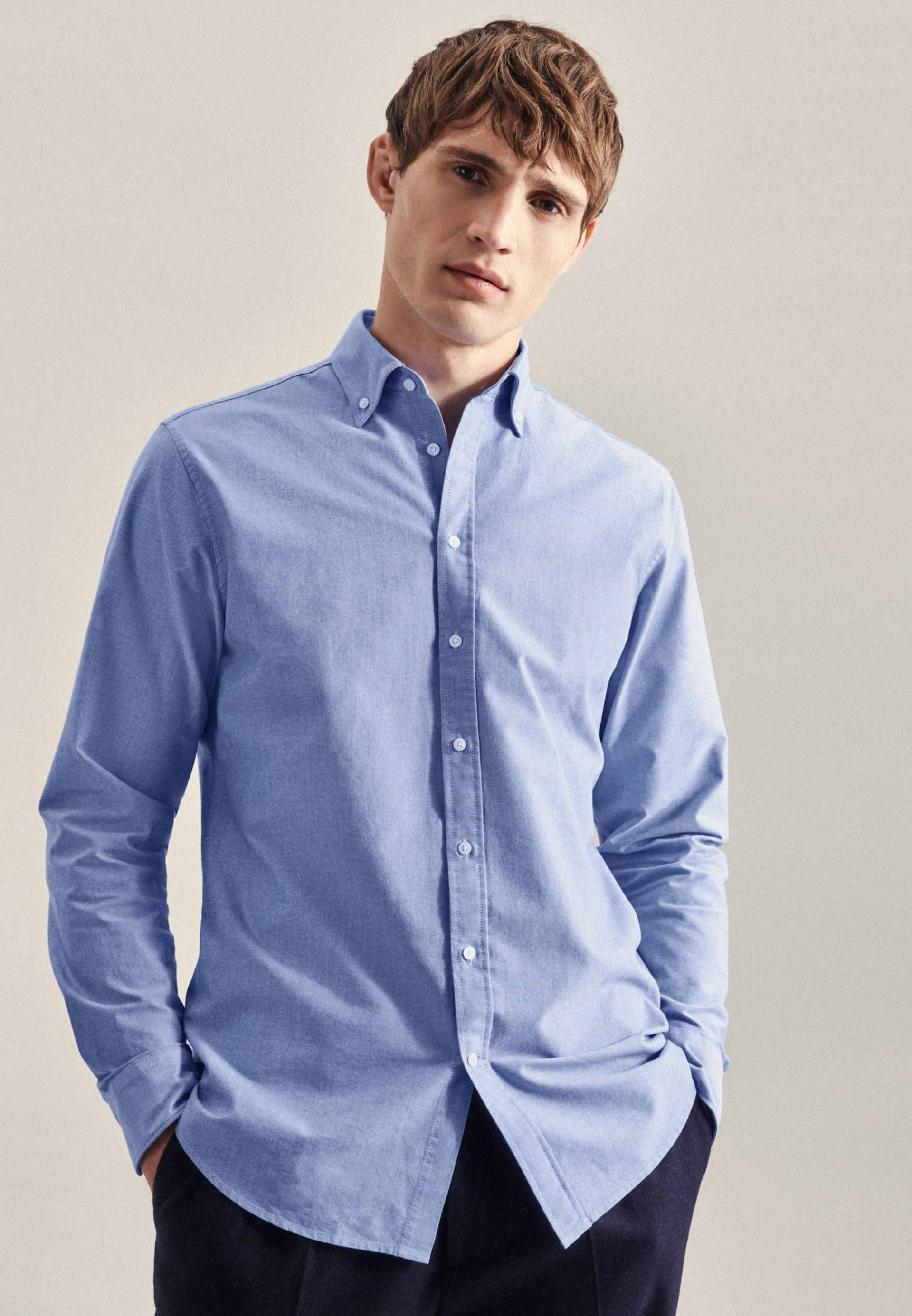 Herren Oxford Business Hemd in Shaped Button-Down-Kragen Seidensticker mit | hellblau