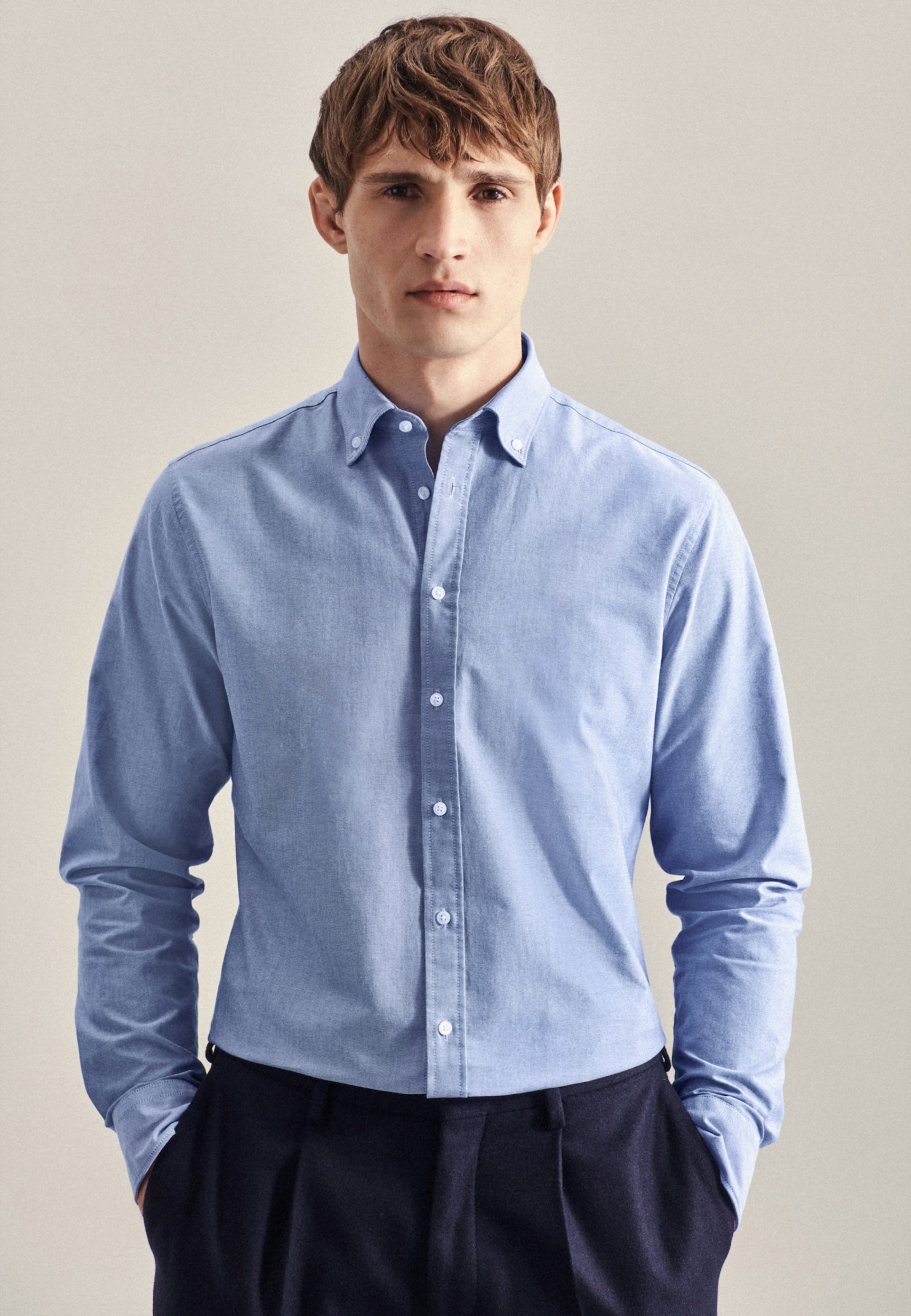 Herren Oxford Business Hemd Shaped | Button-Down-Kragen hellblau in Seidensticker mit